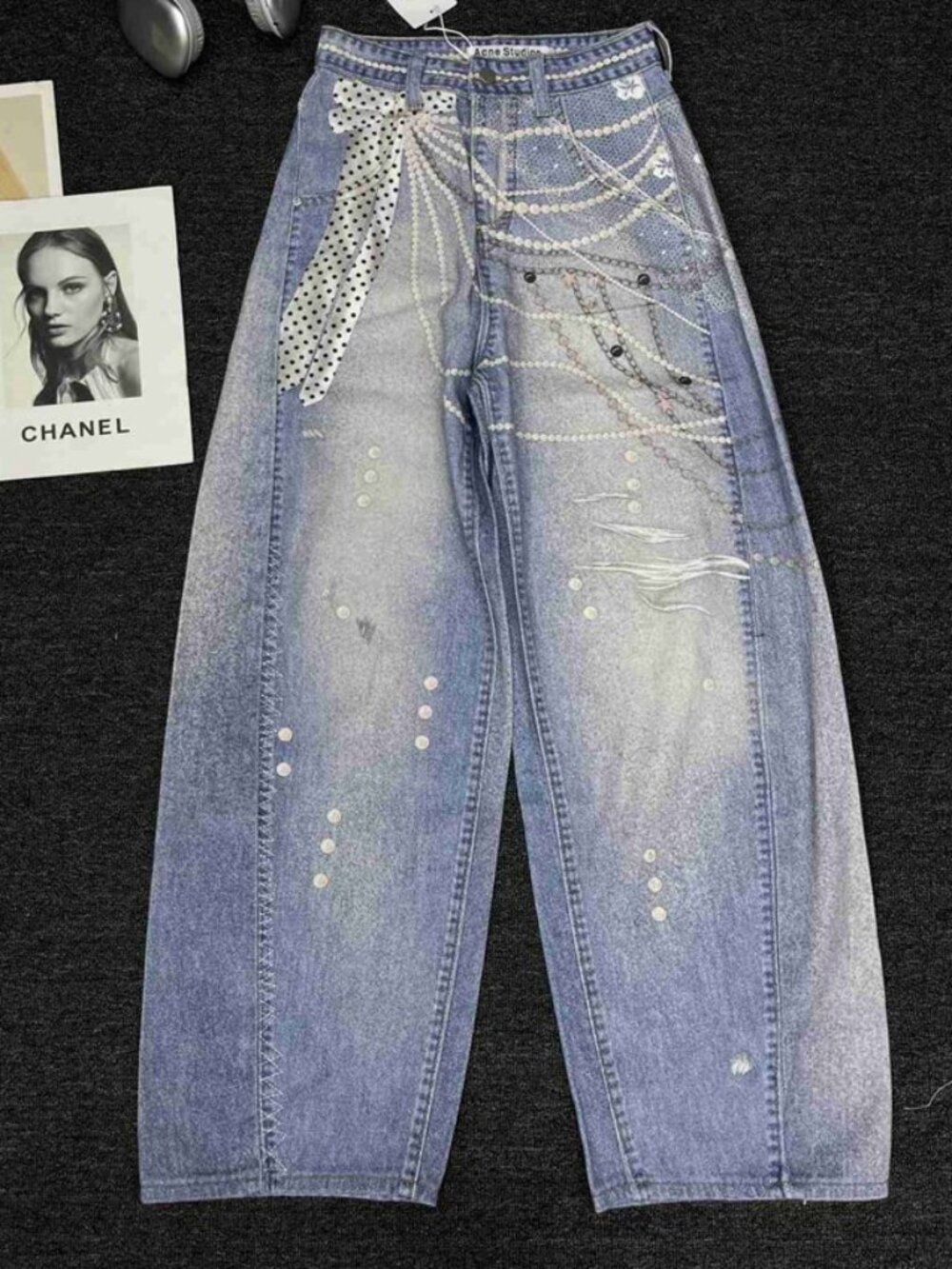 ✨Acne Studios Pearl Chain Print Wide Leg Denim Jeans